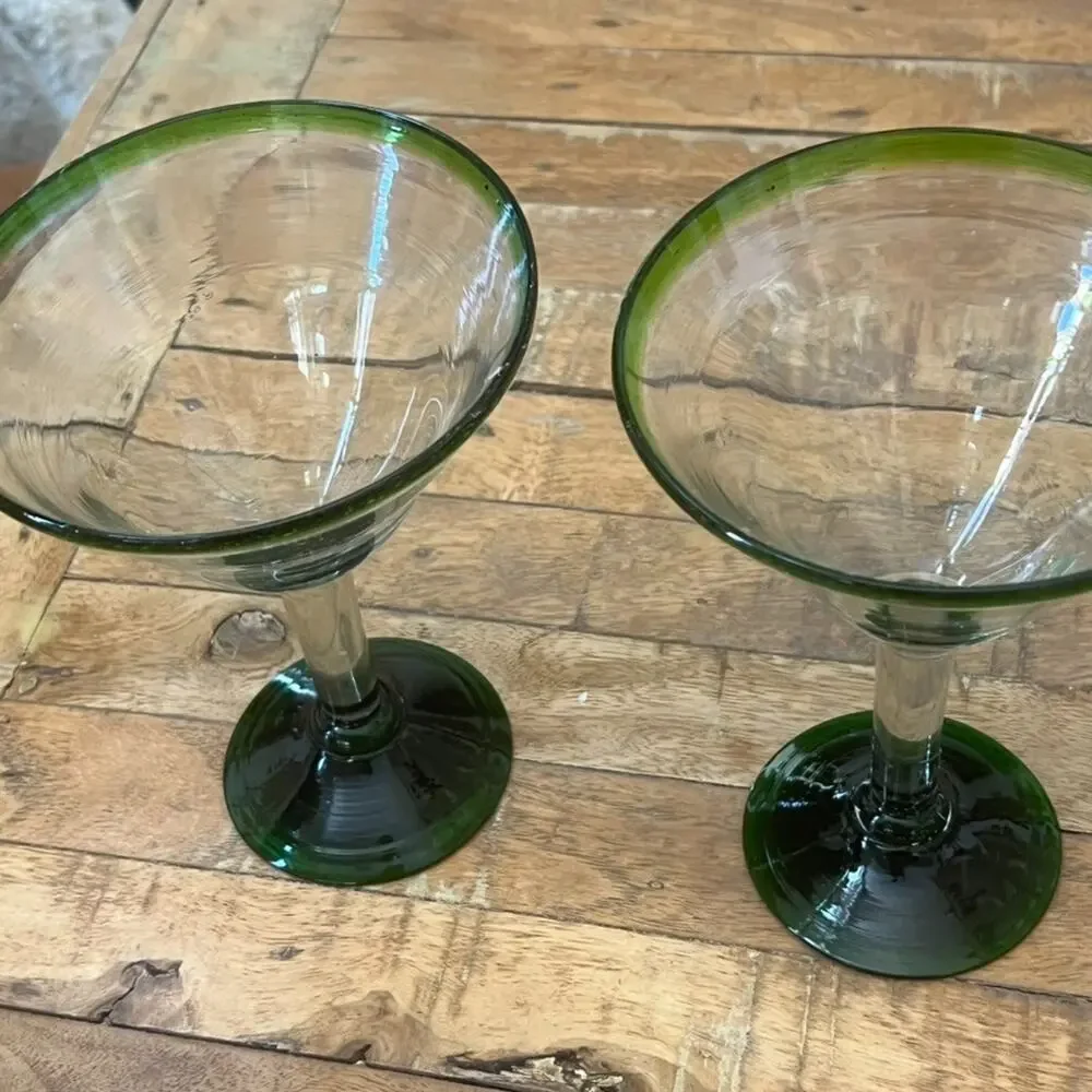 Mexican Hand Blown Martini Glasses Green Rim 7.25